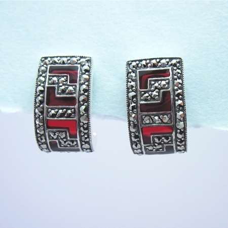 Red Enamel Greek Key Earrings with Marcasite - Click Image to Close